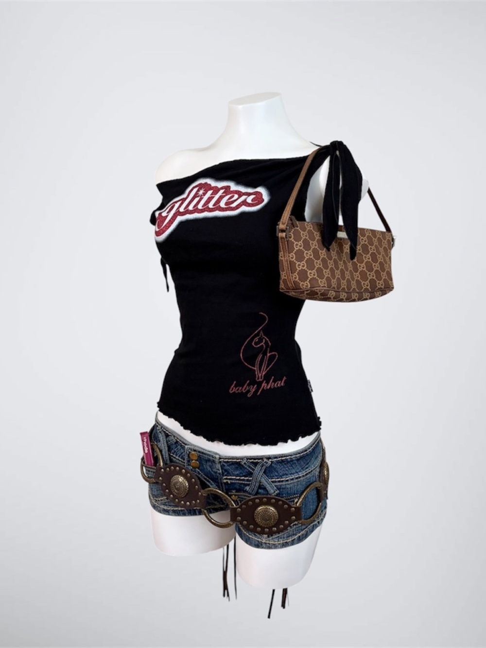 VTG Y2K Baby Phat “Glitter” Graphic Shoulder Tie Top - Picture 3 of 7